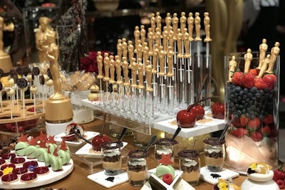 For dessert, the Wolfgang Puck Catering pastry team—made up of Kamel Guechida, Garry Larduinat, and Jason Lemmonier—will also create a variety of new dishes, including a strawberry and cream dish that uses sustainable ruby chocolate.