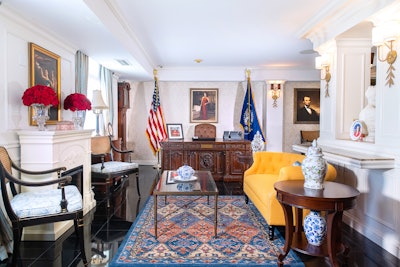 The Presidential Resolute Desk anchors the Oval Office space, which also includes a presidential portrait of Selina Meyer.