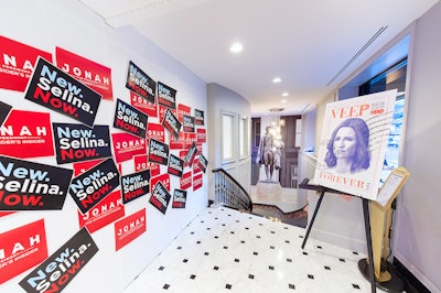 Campaign posters with themes from the final season of Veep set the tone for the entrance to the party, along with an oversize Selina Meyer presidential stamp.