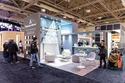 The Benjamin Moore booth highlighted the brand’s 2019 color trends, specifically its color of the year: Metropolitan AF690, a sophisticated gray with cool undertones, which set the tone for the Sharon Grech-designed booth.