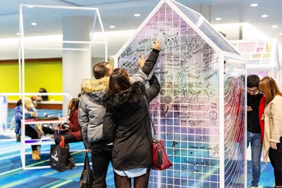 Printing company Astley-Gilbert collaborated on all the signage and wayfinding elements for the Interior Design Show and used playful, interactive elements to showcase the company’s in-house design team at its own booth.