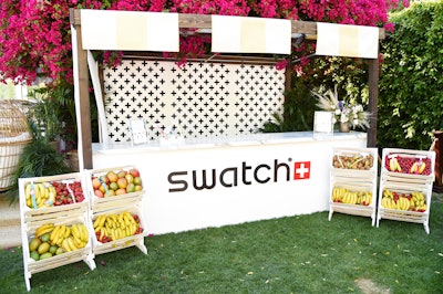 At the Zoe Report's annual ZOEasis event on April 12, sponsor Swatch offered a fruit stand that tied into the event's Saint Tropez theme. Swatch watches were displayed on top of the fruit.