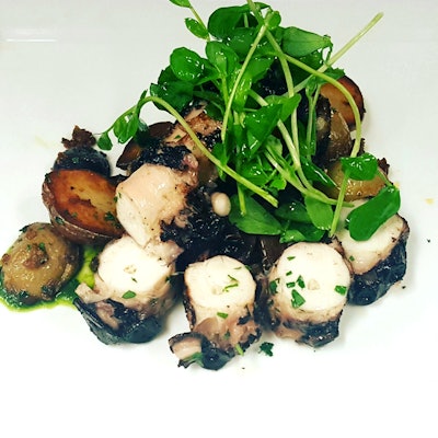 Grilled Octopus with Lamb Sausage, Fingerling Potato and Herb Yogurt Sauce