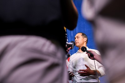 Presidential candidate Julian Castro speaks to the press post rally speech in San Antonio, TX