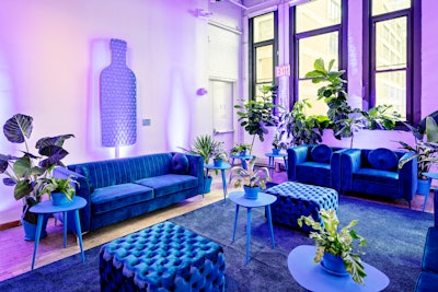 Absolut Bar Recycle took place April 22 at West Edge in New York. The event featured blue furniture and plants to complement the Earth Day theme. A blue silhouette of the Absolut bottle was created with plastic bubble wrap.