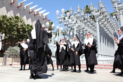 To promote Amazon Prime's upcoming series Good Omens—starring Michael Sheen, David Tennant, and Jon Hamm—the company worked with creative production agency Tool on an attention-grabbing stunt through the streets of Los Angeles. The Chattering Order of St. Beryl, a group of Satan-loving nuns featured in the original Good Omens novel, sang a cappella covers at LACMA, the Grove, and other tourist attractions.