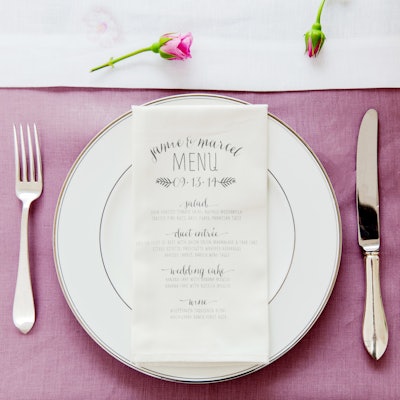 Luxury linen company Huddleson in Los Angeles designs custom napkins that are printed with event menus. The artwork is digitally printed on white, ivory, or color napkins. Pricing starts from $5.95 each, depending on the fabric selected (cotton, linen, or linen/cotton blend) and the complexity of the print.