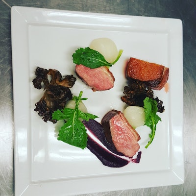 Pan Roasted Duck Breast with Port Red Cabbage Puree, Maitake and Huckleberry Jus