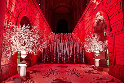 The Metropolitan Museum of Art’s annual Costume Institute Benefit, held in New York in May, was inspired by imagery of the Catholic church. In addition to a giant floral papal crown and a cathedral-inspired dining room, the Great Hall stairs—which served as the backdrop to the receiving line—made a dramatic statement. Large, antique-gold candelabras with 24- and 48-inch-tall candles fitted with battery-powered bulbs flickered on the stairs; some 70 candlesticks in three-armed candelabras lined the steps. Raul Avila handled design and production. See more: See Inside This Year’s 'Heavenly' Met Gala