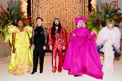 Gala co-chairs Serena Williams, Harry Styles, Gucci creative director Alessandro Michele, and Lady Gaga joined Vogue’s Anna Wintour at the top of the Grand Staircase in a receiving line.
