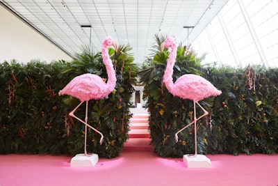 Guests were greeted by 12-foot-tall pink flamingos when entering the dining space.