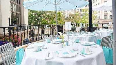 For an early Mother's Day celebration, Tiffany & Co. invited Angelenos to have 'Breakfast at Tiffany's' at the brand's Beverly Hills location. The two-day pop-up breakfast cafe ran from May 4 to 5; all proceeds from the $45-per-head menu went to nonprofit Baby2Baby. The outdoor cafe, which was produced by the brand in-house, used Tiffany & Co.'s blue color-block tableware.