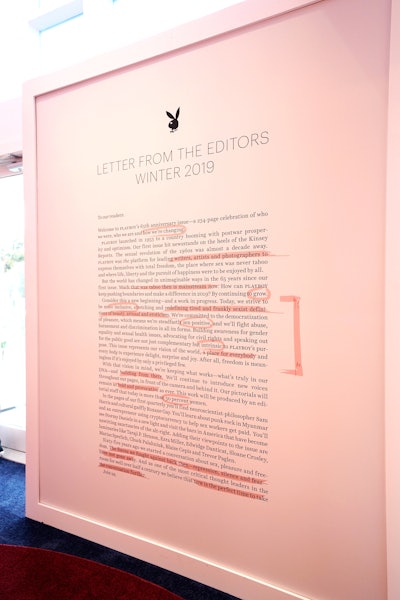 As guests entered the space, an oversize Letter From the Editors used strategic highlighting to emphasize the event's purpose. Phrases such as 'more inclusive' and 'redefining ... sexist definitions of beauty and eroticism' were circled in red ink.