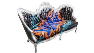 Rental company FormDecor’s Rapper’s Delight collection features a vintage Victorian sofa with chrome-painted legs and a frame that’s decorated with colorful graffiti. Other items include a coffee table with an aluminum-cast base repurposed from an aircraft that has a round glass top painted with graffiti, as well as a lounge chair that’s done in a similar style as the sofa.