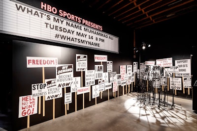 “The Activist room was inspired by how Ali never shied away from using his voice, clout, and platform to speak up on the issues he believed in, including speaking out against the Vietnam draft that cost him his boxing license at the peak of his career,' said Gagne. The room featured a microphone installation backed by replicas of picket signs from marches and rallies Ali participated in.