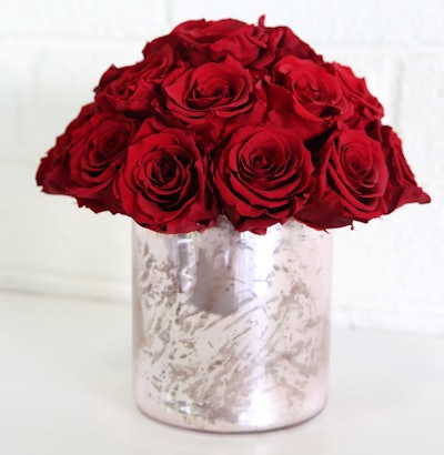 Red Preserved Roses in Pink Mercury Glass Vase