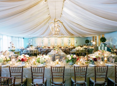 “We were challenged with transforming a traditional frame tent into a beautiful, exquisitely detailed and layered room—essentially making the tent disappear—creating a space that felt as if you were walking into someone’s fabulous home for dinner.” Pictured: Private wedding in Dallas