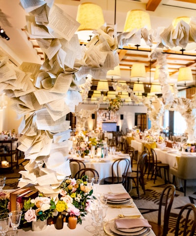“Classical music was brought to life with an array of instruments suspended over the dance floor and sheets of music captured in glass cloches. The world of reading and literature was represented by opened books on each table—their pages stretching to the ceiling.” Pictured: B’Nai Mitzvah