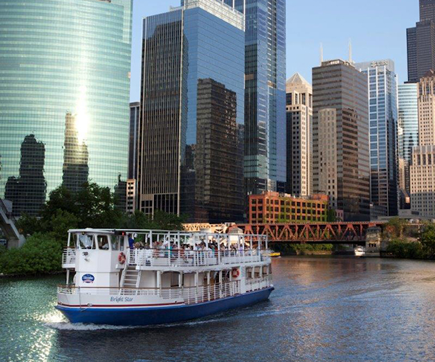Shoreline Charters’ double-decker boats showcase Chicago's spectacular skyline during a private event on the Chicago River.