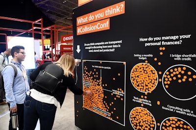 Several 'What Do You Think' structures on the conference floor asked guests questions on everything from monthly budgets and social media to work-life balance and A.I. People could place orange dots in a circle that corresponded to their answer.