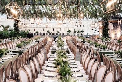 “We loved the gorgeous dining area that was installed on a UNESCO World Heritage monument surrounding the old city of Cartagena…. The palette was all green and neutral tones with accents of black and brass. We loved that it was tropical without being obvious by focusing on neutral tones and green.” Pictured: Private wedding in Cartagena