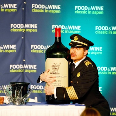 At the sold-out “Wine for Quadrillionaires” seminar, wine expert Mark Oldman gave a Concorde-theme talk and invited guests to try more than $25,000 worth of vino. For the occasion, Oldman collaborated with Stag’s Leap to acquire and serve a 27-liter “goliath” of the 2014 Stag’s Leap Wine Cellars Estate ‘Cask 23’ Cabernet Sauvignon, which contained 36 bottles in one, or 300 glasses of wine, and weighed 120 pounds. The bottle (which retails at $300 for 750 milliliters) arrived by climate-controlled transport from Napa Valley, and was a prime attraction for post-seminar selfies.