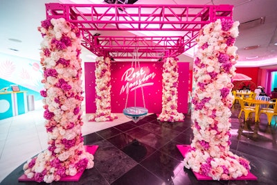 After the self-guided tour through 14 rooms, guests end up at RoséLand. The colorful event space offers glasses and bottles of rosé for purchase, a retail space and gift shop, tacos from Taco Dumbo, and multiple photo booths, including a chandelier swing surrounded by columns covered in pink and white flowers. The space also has private cabanas, and certain areas can be booked for private events.