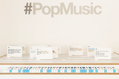 The pop music station featured a fully functioning functioning piano, with keys changed to the tone of the sound a user receives when they get a Twitter notification. When certain keys were pressed, an analog fan tweet would pop up behind the piano. When a specific number of tweets popped up, the sound of a roaring fan crowd would play. Analog tweets were about artists including Lizzo, Dua Lipa, Bebe Rexha, and Ariana Grande.