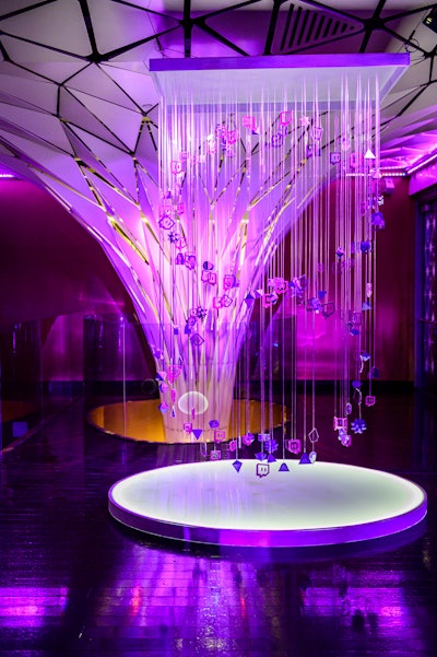 A chandelier-like installation displayed the Twitch logo and other graphics.