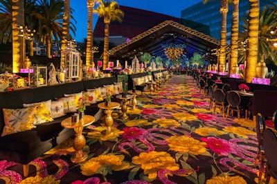 HBO’s 2018 Emmy party “put a smile on my face, and the guests were blown away. The color palette, the carpet, the textiles, the tabletop decor, the large-scale decor elements all blended to create a magical Garden of Eden for this one evening.”