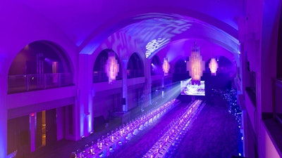 Arcadian Court with Two Long Tables, a Corporate Dinner Event Set Up