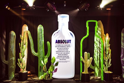 Absolut's activation at Coachella had a desert-inspired theme. The event promoted the vodka brand's focus on sustainability with green bottle silhouettes and cacti. MKG handled design and production. See more: Coachella 2019: 6 Design Trends to Steal for Your Next Event