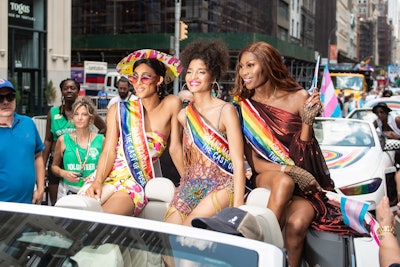 The rainbow-wrapped vehicles carried activists including MJ Rodriguez, Indya Moore, and Dominique Jackson, stars of the FX series Pose and the march’s grand marshals.