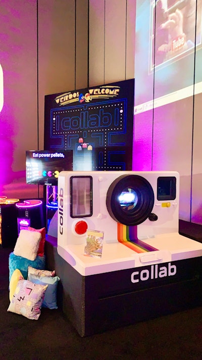 A custom-built, larger-than-life Polaroid camera doubled as an actual photo booth, and creators could challenge each other to a four-player game of Pac Man in an arcade from Epic Party Team. @teenagestepdad created a custom backdrop for the arcade that incorporated Collab’s logo. Visitors to the space could also get ‘90s-inspired makeovers—think colored eyeshadow and crimped hair—from on-site hair and makeup artists before posing for glamour shots.