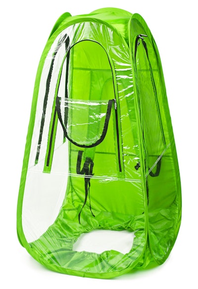 An umbrella alternative, the WalkingPod from Under the Weather protects spectators and attendees during outdoor events. It features clear panels on the front and sides that wearers can zip from the inside and outside for 270-degree viewing, as well as adjustable padded straps. The pod ($89.99) folds up to fit in a compact carrier and comes in coral, cyan blue, lime green, orange, pink, and yellow. In addition to a variety of other pod styles, the Cincinnati-based company also offers the ChairPod, which sits on a folding chair or wheelchair, and the StadiumPod ($79.99), which is a smaller version of the ChairPod ($89.99) and is designed for stadium bleachers or pavilion-style seating.