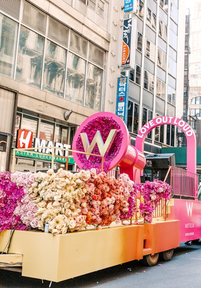 W Hotels’ Love Out Loud float featured floral wrap and a hot pink, oversize megaphone. NVE Experience Agency designed the float.