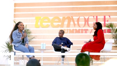 Serena Wiliams (left) was interviewed by activist Naomi Wadler and Teen Vogue editor in chief Lindsay Peoples Wagner at the Teen Vogue Summit in Los Angeles in December.