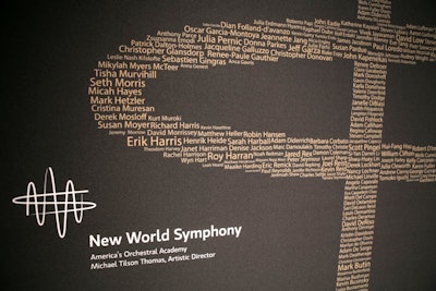 The 28th anniversary of the New World Symphony Gala took place March 2016 in Miami. The gala honored 1,000 New World Symphony (N.W.S.) alumni. On the step-and-repeat, the names of all of those alumni comprised the N.W.S. logo.