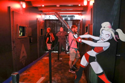 For the first time, Warner Bros. teamed up with sister company DC for a combined two-story, 6,500-square-foot booth produced by Vision Events. Highlights included a Harley Quinn-inspired space where fans could enter Arkham Asylum and peek at DC Comics characters inside.