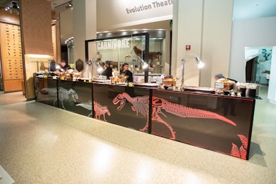 Buffet stations featured cheeky names that linked back to dinosaurs' eating habits, like the 'Carnivore Station.' Servers carved up meaty portions of whole bone-in citrus and peppercorn-glazed ham or roasted duck breast with a classic red wine l’orange sauce.
