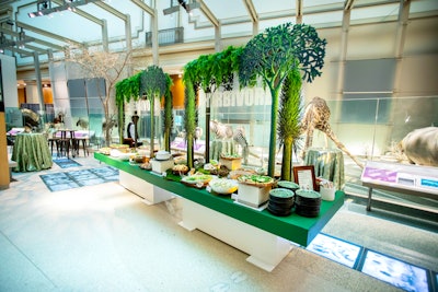 Salads of all sorts (including pickled vegetable salad and watermelon radish salad) topped the green-accented table at a 'Herbivore Station' in the Kenneth E. Behring Family Hall of Mammals. The buffet also included warm mushroom fondue and a green pea yogurt dip with tomato Parmesan crisps.