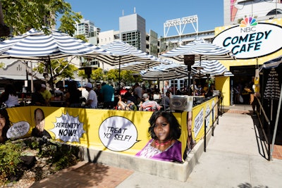 In the same area, NBC created the Comedy Cafe, a nostalgic restaurant adorned with pictures and quotes from previous NBC shows such as Seinfeld, Parks & Recreation, and 30 Rock.