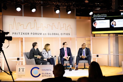 The Pritzker Forum on Global Cities featured a stage designed for live stream audiences.