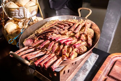 The Carnivore Station featured meat dishes a T. rex would love, like a rosemary lamb rack roasted until medium-rare, then carved into chops and served with mint-pine nut pesto.