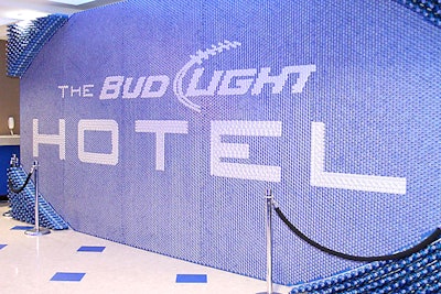During the 2012 Super Bowl in Indianapolis, the Bud Light Hotel took over a Hampton Inn in downtown Indianapolis. Inside the space was a football-shaped mural made of bottle caps. See more: Super Bowl Party Highlights: 60 Ideas from 'Maxim,' ESPN, 'Rolling Stone,' 'Playboy' and More Brands