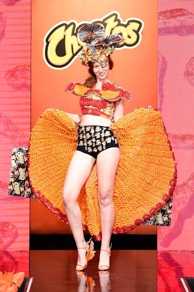 Costume designer Ami Goodheart created a dazzling outfit made with actual Cheetos Flamin' Hot and original cheese puffs.