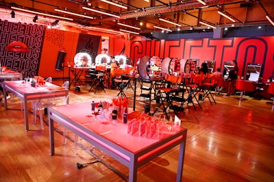 One of the main spaces included style bars for hairstyling, makeup application, and manicures, all in the orange and red shades of Cheetos original and Flamin' Hot flavors.