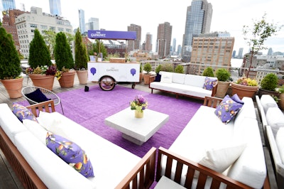 The Spring Studios' rooftop was home to a branded Glenlivet lounge with vivid purple carpeting and decor.