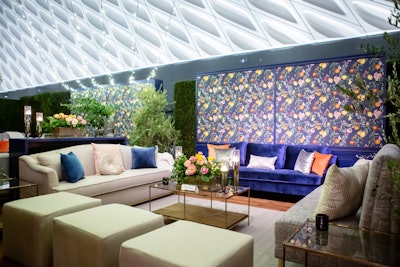 V.I.P. lounge areas had fruit-inspired wallpaper and more blue and neutral tones. Edge Design & Decor handled the lounge furniture and bars, while rentals came from Bright, Premiere Party Rents, and Town & Country Event Rentals.