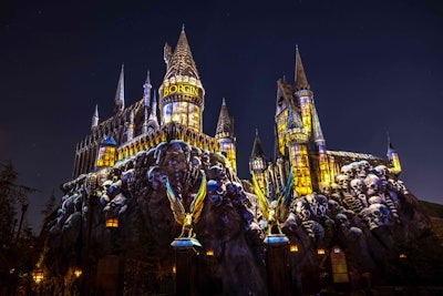 The Wizarding World of Harry Potter area at the Universal Orlando theme park has launched its new Dark Arts experience, which runs on select nights through November 15. Projection mapping, lighting, and special effects are projected on the theme park's Hogwarts castle. The experience can be included with an in-park event as an add-on for attendees.